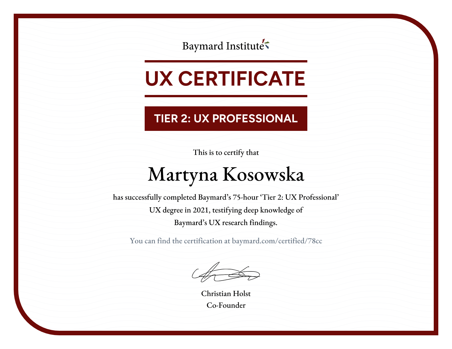 Martyna Kosowska’s certificate